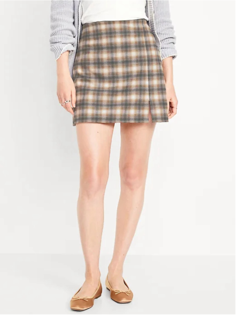 Plaid Mini Skirt Brown Beige and Grey Flannel A-Line Old Navy Preppy Office Fall